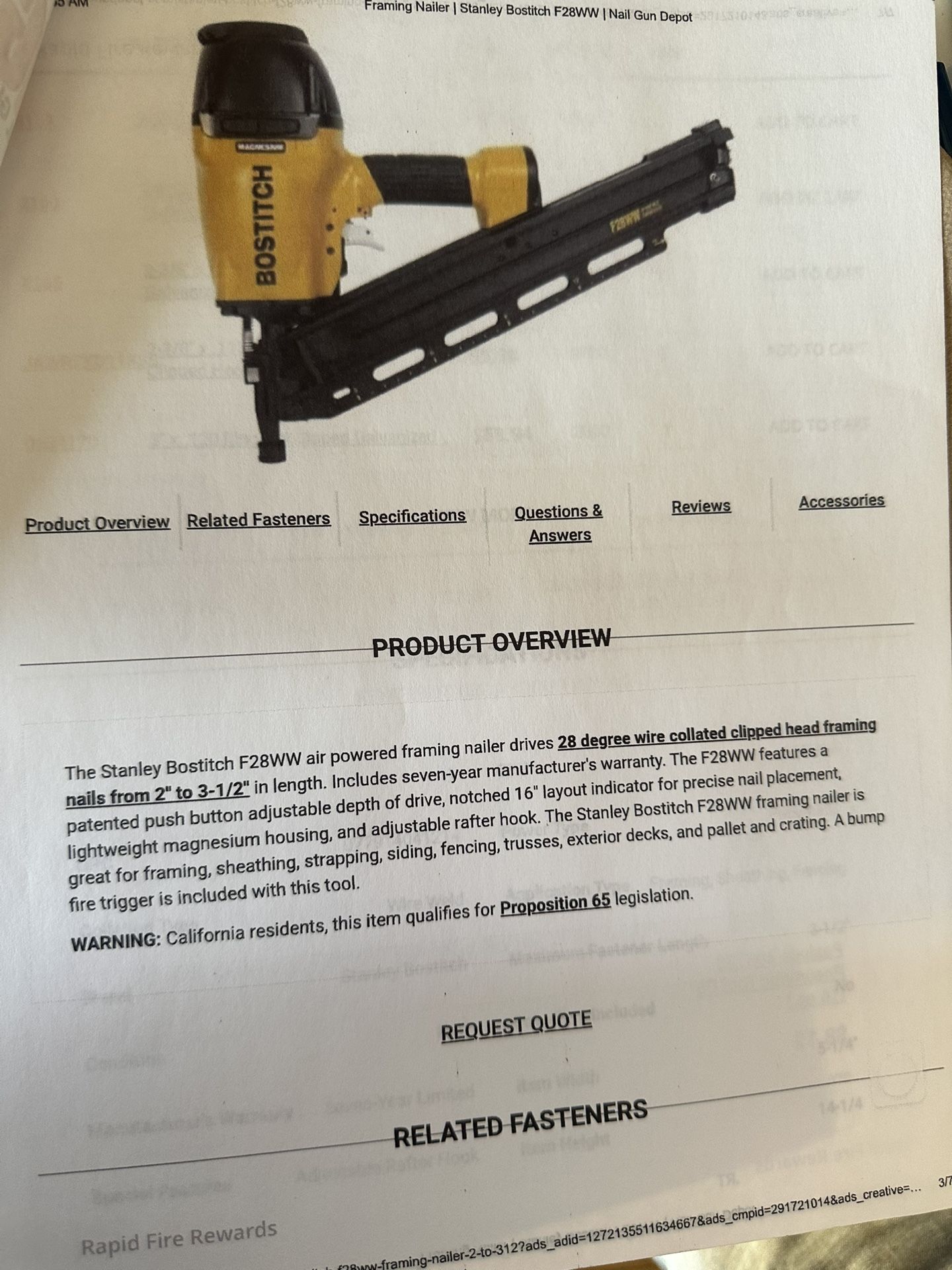 Stanley Botch F 28 WW Air Powered Framing Nailer Nails 2”- 3 1/2”
