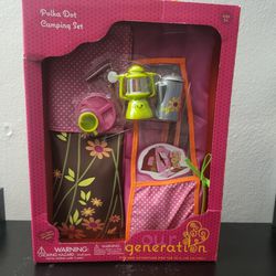 BRAND NEW DAMAGE BOX - Our Generation Dolls Polka Dot Doll Camping Set 18" Brown
