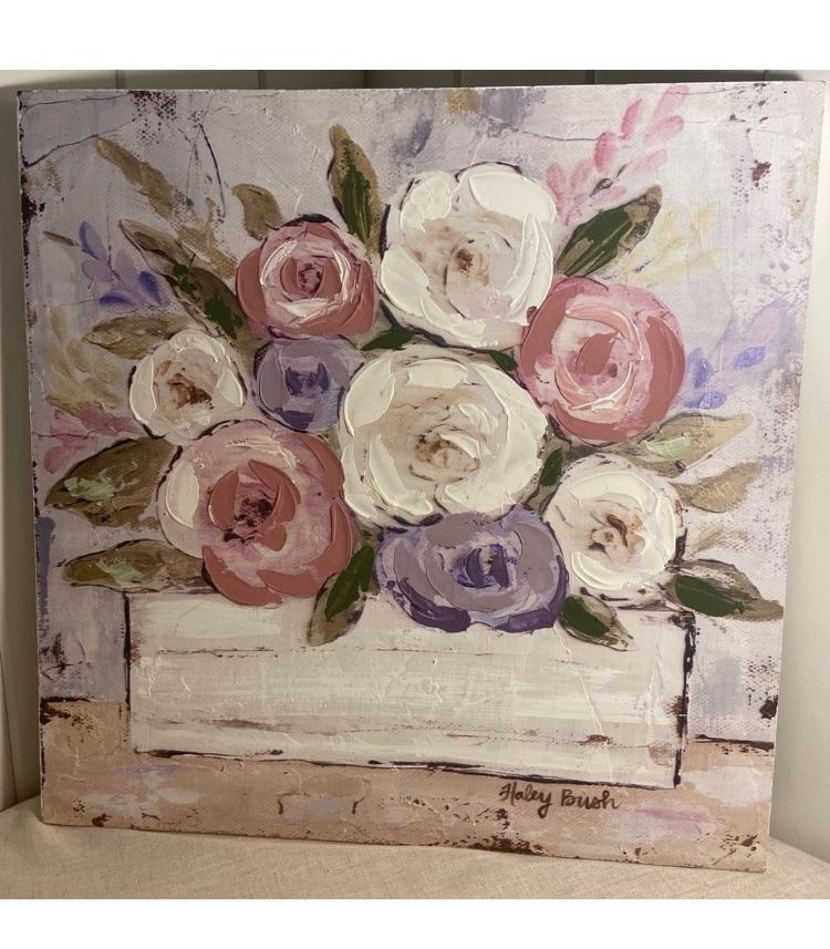 Haley Bush flower basket print art on wood frame RAZ Imports wall hanging print
