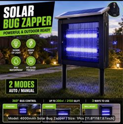 New Powerful Large Solar Bug Zapper Outdoor for 2000Sq.ft, Portable Rechargeable Mosquito Zapper with High Powered, IP56, 2 Modes, Cordless Solar Fly 