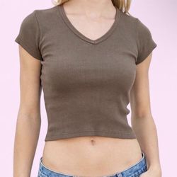 Brandy Melville Ribbed Brown V-Neck Top