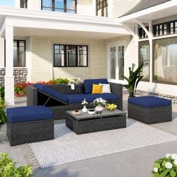 Outdoor Patio Gray Rattan Sectional Sofa (Blue Cushions) w/ Adjustable Backrest / 2 Ottomans / Lift-top Table [NEW] **Retails for $800  <NO Assembly>