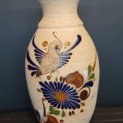 Tonala Mexican Sandstone Vase Hand Painted Folk Art Pottery Signed Floral 10”