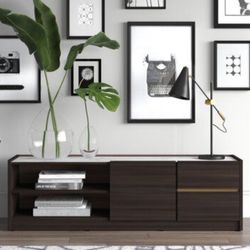 TV Stand: Modern, Dark Brown Wood and White Marble