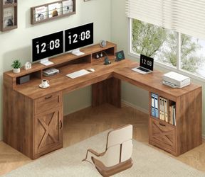 63" Farmhouse L Shaped Computer Desk with File Drawer for Home Office