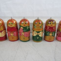 Russian Vintage Matryoshka Dolls Tree Ornaments~Hand Painted Birchwood~6 Pc. Set


