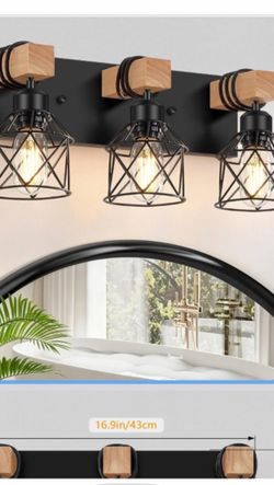 3-Light Bathroom Vanity Lights, Farmhouse Bathroom Light Fixtures Rustic Wood & Black Metal Shade, Wood Bathroom Lighting Fixtures Over Mirror, Wall S