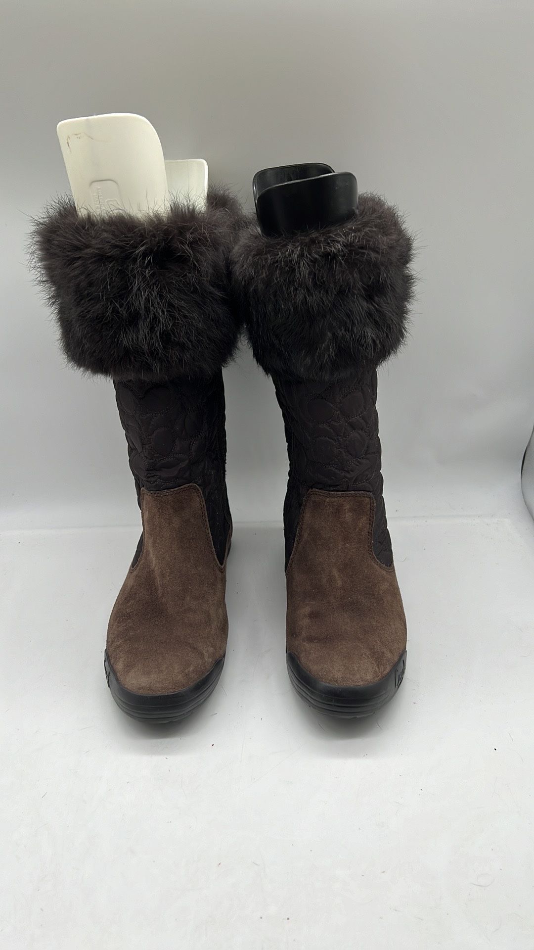 Coach Women's Talen Boot Size 8.5 Brown Suede Signature Quilted Nylon Rabbit Fur