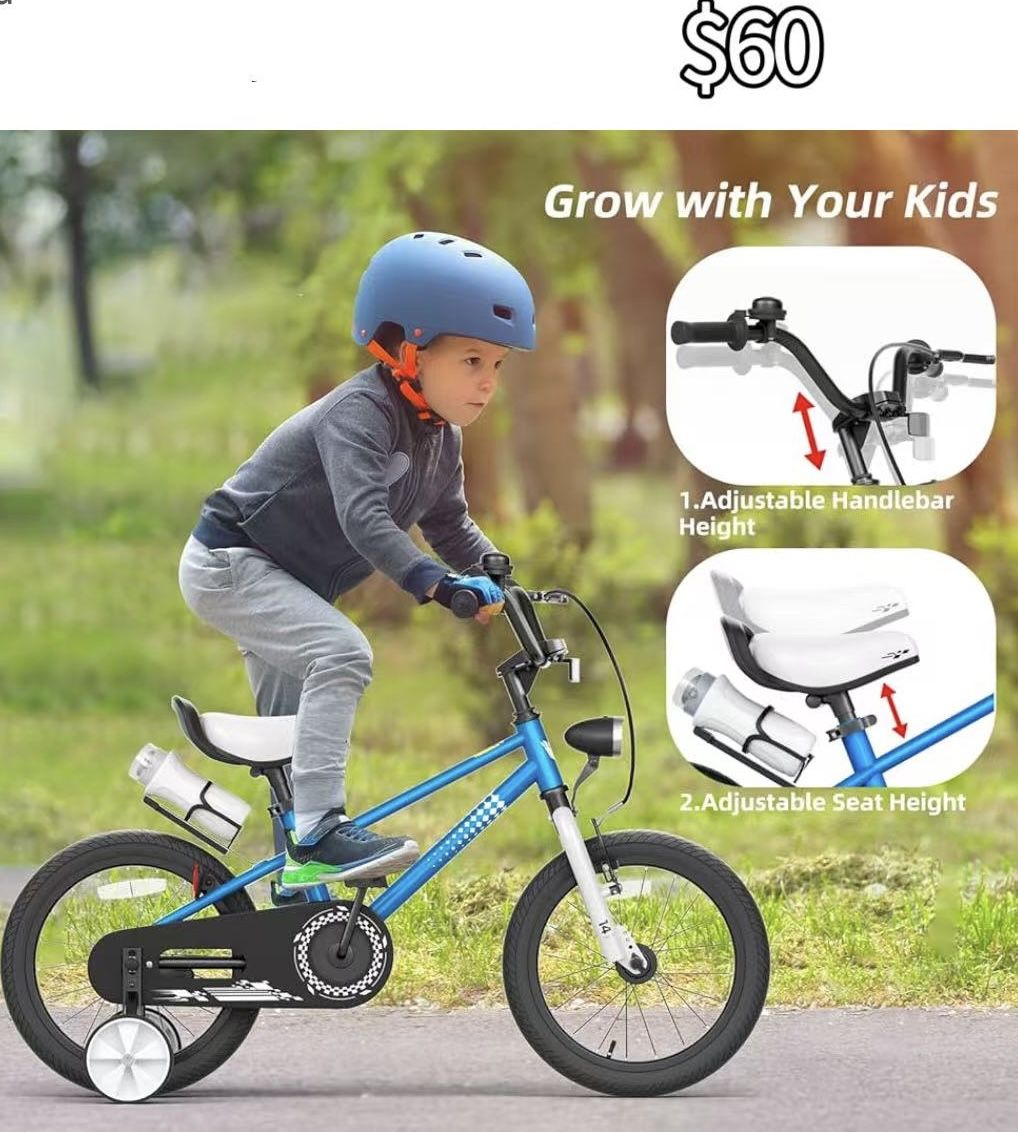 😀 Boys Toddler Bike with Training Wheels, 12/14/16 Inch, Adjustable Handlebar & Seat, Bell, Water Bottle Cage, Reflective Stripes & Front Light 