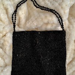 VNTG Black Glass Beaded Evening Bag/Purse w/double strand beaded straps