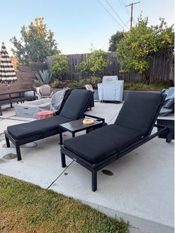 Crate & Barrel Patio Chaise Lounge Pair with Table