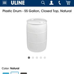 ULINE 55 Gallon Plastic Drum, Closed Top, Natural White