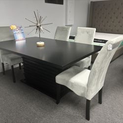 Dark Gray Dining Table W/ Design On The Base W/4 Free Chairs For Sale ( Furniture Assembly)