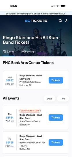 Ringo Star Tickets (2) at Bethel Woods 9/25