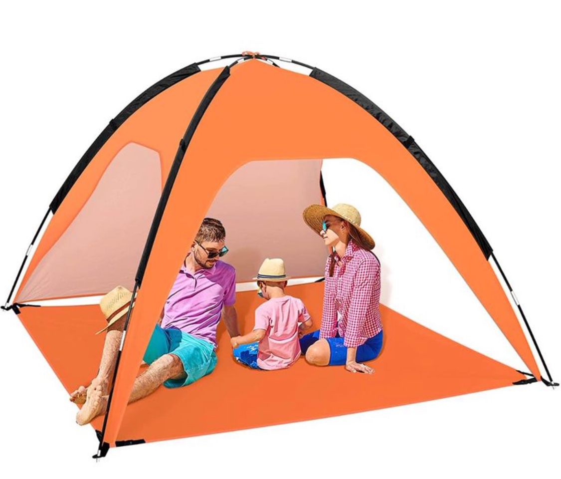 New! Beach Tent, Portable Beach Sun Shelter for UPF 50+ UV Protection, Easy Set Up 3-4 Person Beach Tent Shade with Carry Bag, Anti UV Beach Canopy Te