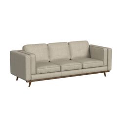 New 90" Mid-Century Modern 3-Seater Gray/Beige Sofa with Dark Tan Wood Base