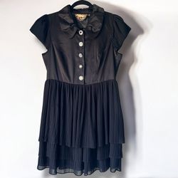 Black Pleated Mini Dress with Puff Sleeves & Statement Buttons, Lined Skirt