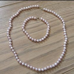 JACMEL 10K Clasps Pink Pearl Necklace & Bracelet Set