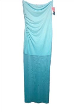 Strapless Aqua Maxi Dress with Mesh Hem
