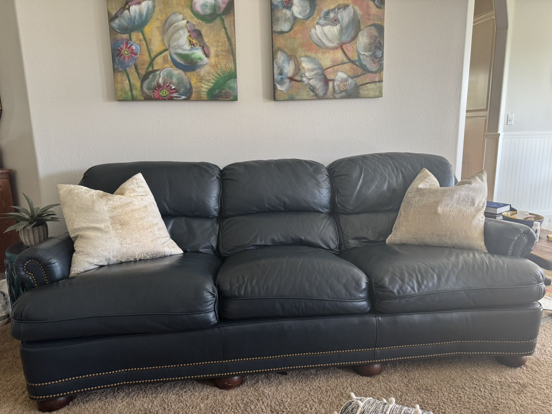Gorgeous Hancock and Moore Dark blue Leather Sofa And Chair