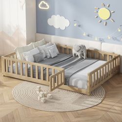 Bellemave Floor Bed Full Size Montessori Bed Frame with Fence and Door