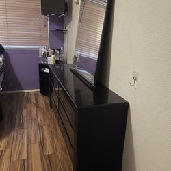 All Black 6 Drawer Dresser with Mirror and Night Stand