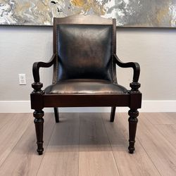 Antique Hand-Carved Italian Leather Accent Chair w/ Nailhead Pins And Cane Backing
