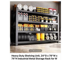 Brand new heavy duty industrial metal rack, size 24D x79W x74H, 5 adjustable shelves. Holds super heavy inventory, great for warehouse, garage, worksh