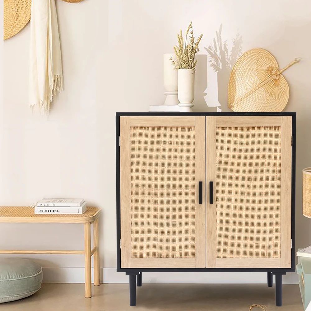 Black and Natural Wood Accent Storage Cabinet with Doors and Shelf,IF1629
