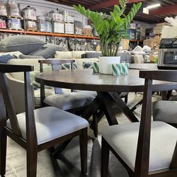 Costco Dark Wood Dining Table With Four Light Gray Fabric Chairs
