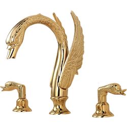 Golden Gold Ornate Swan Style Bathroom Sink Faucet Combo Deck Mount Sink Mixer Tap Set Hot Cold Water