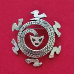 Vintage Signed CORO Brooch Pin Mayan AZTEC Serpent Snake & Bird Box Silver Tone