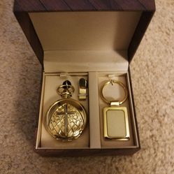 Gold Plated Pocket Watch And Key Chain Engravable Brand New