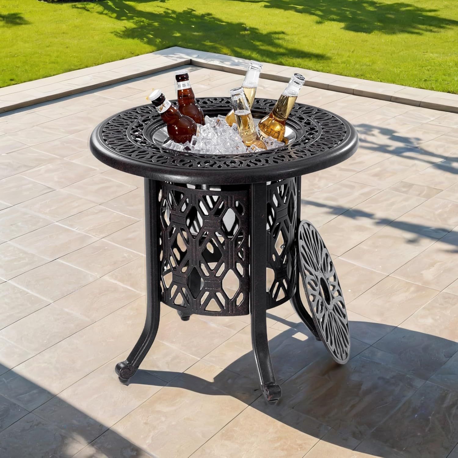 Cast Aluminum Side Table, Dual-Use Outdoor Side Tables with Stainless Steel Cooler & Removable Lid
