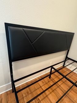 Queen Bed Frame with Upholstered Headboard – Black Metal