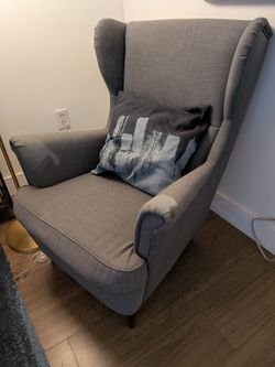 Dark Gray Wing Chair/Armchair with Blue Cushion