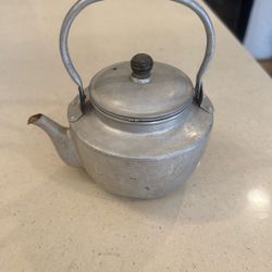 Vtg. Small Aluminum Teapot, Made in Japan, Wood Knob on Lid, 5" W w/Spout