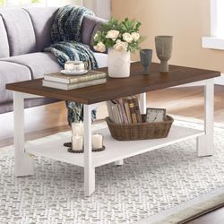 Wood Coffee Table, 39" Rectangle Rustic Center Table with 2-Tier Storage Shelf for Living Room  ( Dark Brown )  (Grey)  (Walnut&White)