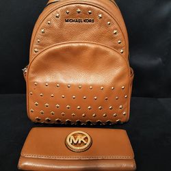 Brown Michael Kors Studded Leather Abby Backpack Purse With Wallet 