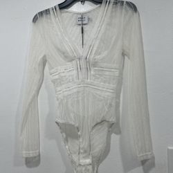 Hello Molly White Lace Sheer Bodysuit Size 4 Long Sleeve V-Neck Line