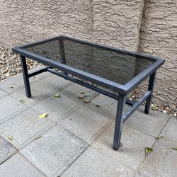 Large 38 Inch Wide Black Metal Outdoor Coffee Table w/ Black Tinted Glass
