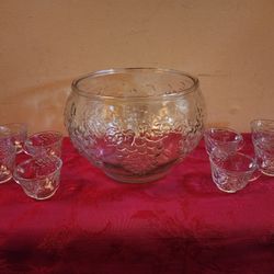 Clear Glass Grape Design Punch Bowl Set
