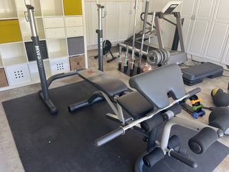 Complete Home Gym Package — Marcy Bench, Olympic Barbells, 320lb Plates, Dumbbells, Floor Tiles