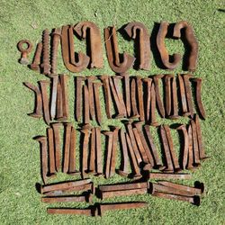 VTG Rusted Cast Iron Railroad Spike Nails & J Hook Anchors Lot of 65 Pieces