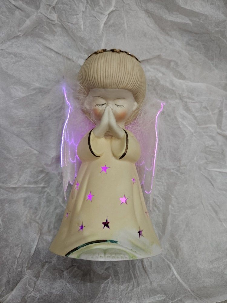 Vintage Christmas Antique PRAYING ANGEL Cherub LIGHTED NITE LIGHT Feather Wings TABLETOP FIGURINE Vintage