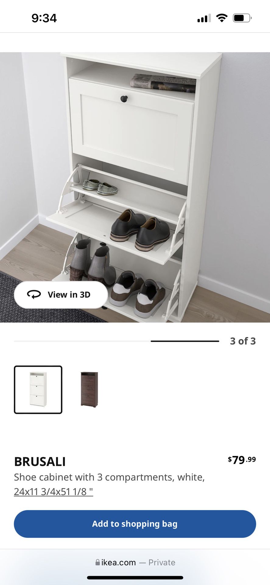 BRUSALI Shoe cabinet with 3 compartments, white, 24x113/4x511/8 - IKEA