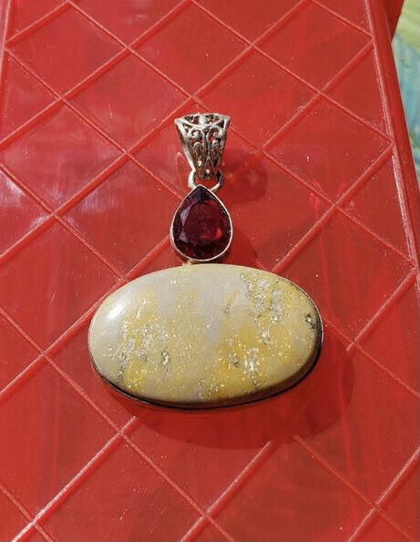 Bumblebee Jasper Oval Silver Planted Pendant w Red Accent Stone