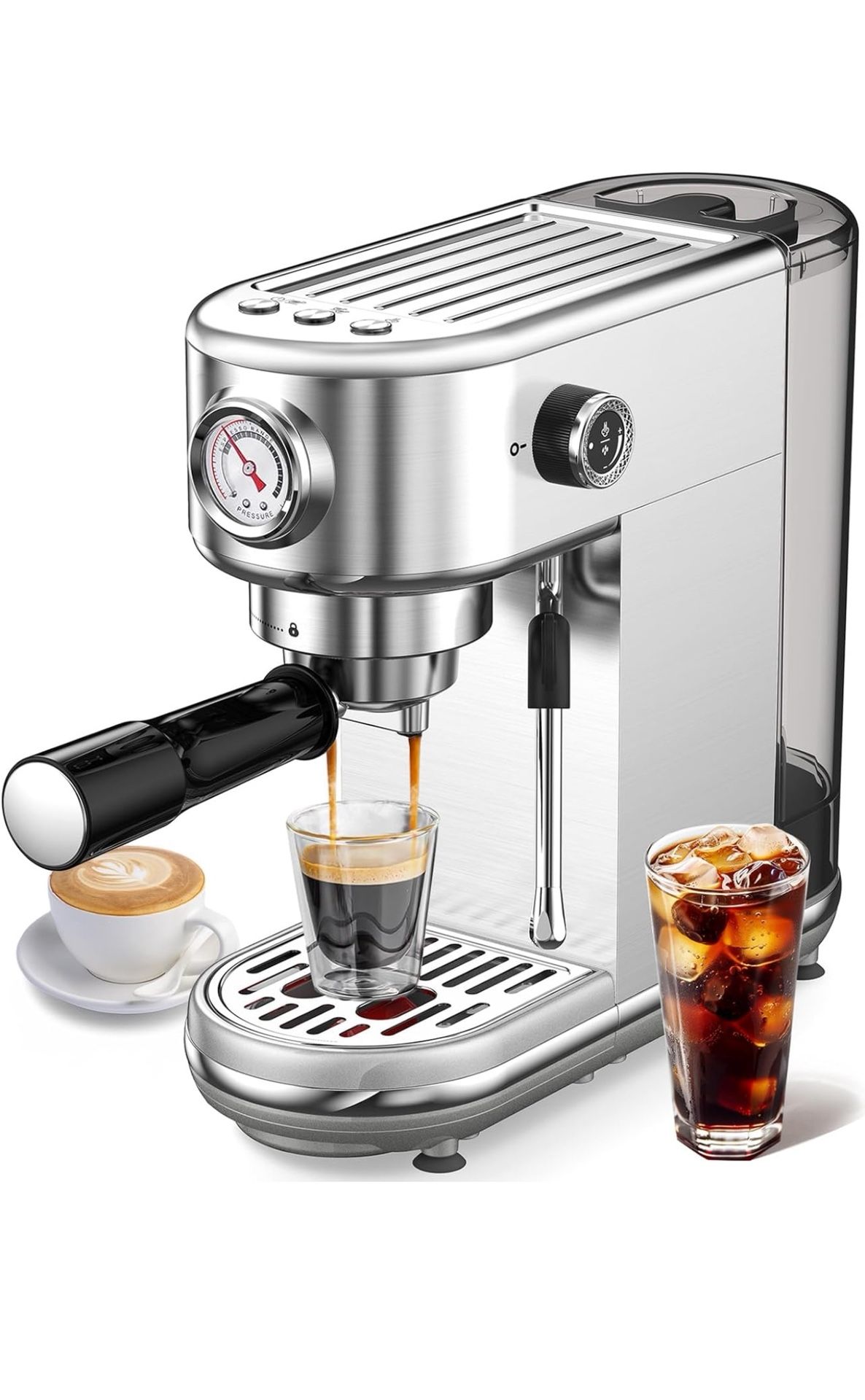 Espresso Machine with Milk Frother, 20 Bar High Pressure Professional Espresso Maker Automatic, Compact Stainless Steel Coffee Machine for Cappuccino,