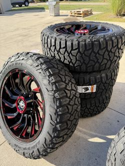 SET OF 20” GLOSS BLACK RED MILLED XF OFFROAD WHEELS ON 275/55R20 AMERICAN ROADSTAR RT TIRES ONLY $1450