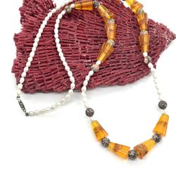 Amber And Pearl Necklace 29”